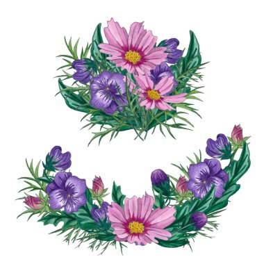 Kır çiçekleri ve yaprakları suluboya çiçek kompozisyonu. Davetiyeler ve kartpostal tasarım.