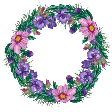 Kır çiçekleri ve yaprakları ile suluboya çiçekli çerçeveler. Şablon çerçeve çiçekler. Davetiyeler ve kartpostal tasarım.