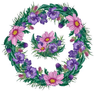 Kır çiçekleri ve yaprakları ile suluboya çiçekli çerçeveler. Şablon çerçeve çiçekler. Davetiyeler ve kartpostal tasarım.