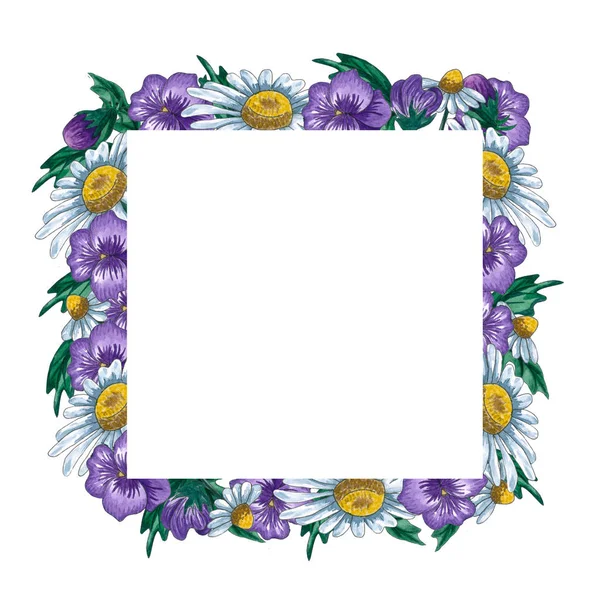 Watercolor Floral Frames Wild Flowers Leaves Flowers Frame Template Design — Stock Photo, Image