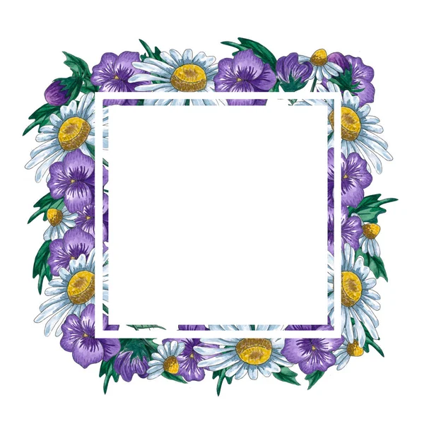 Aquarell Florale Rahmen Mit Wilden Blumen Und Blättern Blumenrahmenvorlage Design — Stockfoto
