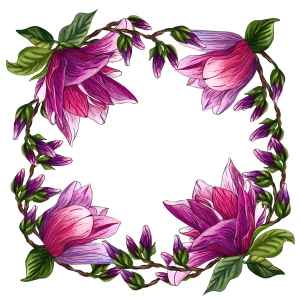 Květinový Věnec Kulatý Květy Magnólie Věnec Rám Květiny Akvarelu Ručně — Stock fotografie