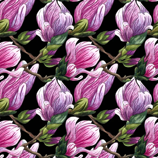 粉红色木兰花的水彩无缝图案 水彩木兰手绘制无缝图案的黑色背景 植物花元素为您的设计 木兰分枝与花和叶子 — 图库照片