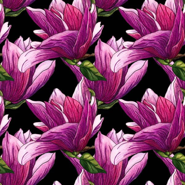 Watercolor seamless pattern of pink Magnolia flowers. Watercolor magnolia hand drawn seamless pattern on black background. Botanical flowers elements for your design. Magnolia Branch with flowers and leaves.