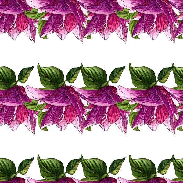 Watercolor seamless pattern of pink Magnolia flowers. Watercolor magnolia hand drawn seamless pattern on white background. Botanical flowers elements for your design. Magnolia Branch with flowers and leaves.