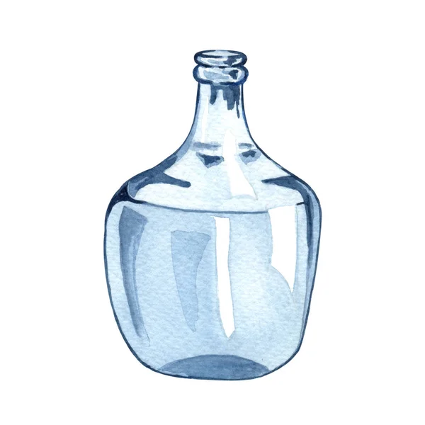 水色玻璃瓶与白色隔离 透明的彩色玻璃瓶 水彩画各种玻璃瓶 手绘古色古香的图画 白色背景隔离的罐子 — 图库照片