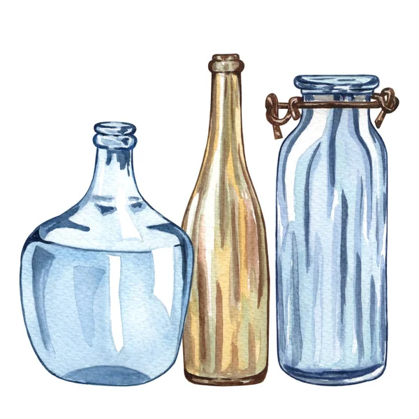 Bouteille Aquarelle Verre Isolé Sur Blanc Bouteille Verre Couleur Transparente — Photo