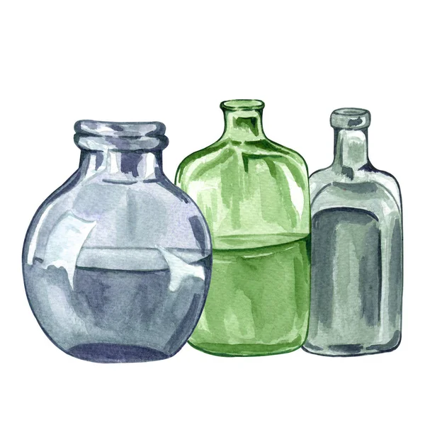 Akvarell Uppsättning Glasflaskor Isolerade Vitt Transparent Färg Glasflaska Akvarell Olika — Stockfoto