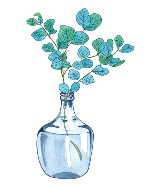 Zöld Üveg Vázában Levelekkel Friss Gally Akvarell Illusztrációja Váza Elszigetelt — Stock Fotó