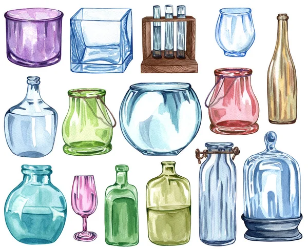 Ensemble Aquarelle Bouteilles Verre Isolées Sur Blanc Bouteille Verre Couleur — Photo