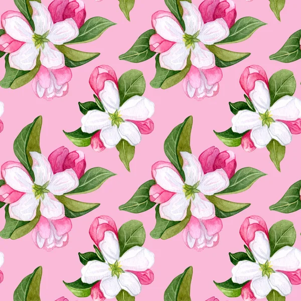 Nahtloses Muster Mit Aquarell Apfelblüten Und Blättern Nahtloses Muster Mit — Stockfoto