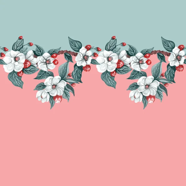 Muster Mit Aquarell Apfelblüten Und Blättern Aquarellmuster Mit Knospe Und — Stockfoto