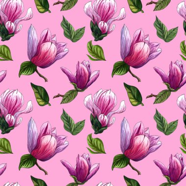 Sulu Boya Dikişsiz desen pembe Manolya çiçek.