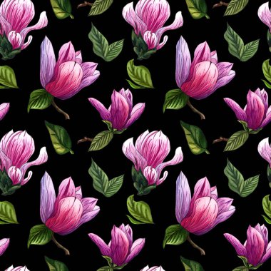 Sulu Boya Dikişsiz desen pembe Manolya çiçek.