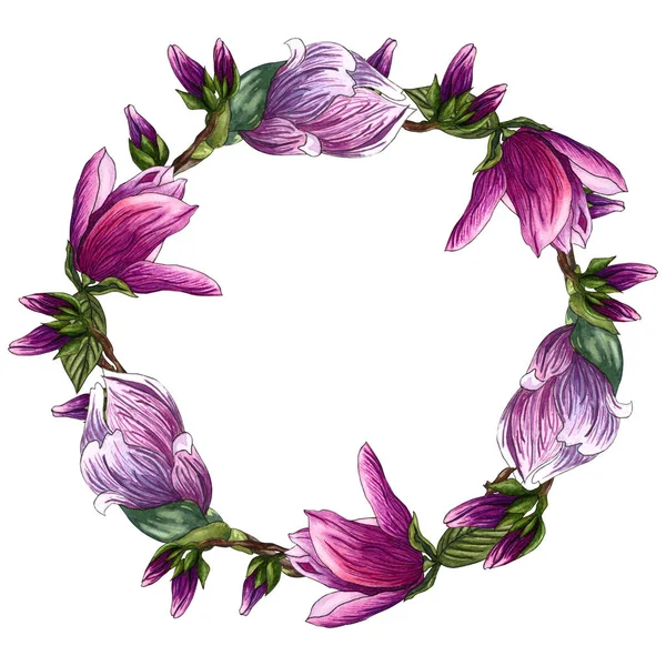 Spring wreath of blooming branches pink magnolia flowers and green leaves — Stock Photo, Image