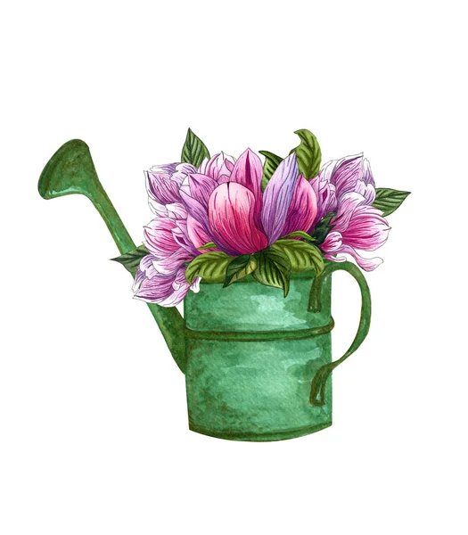 Watercolor illustration of garden watering can with bouquet of magnolia flowers. — Stock Photo, Image