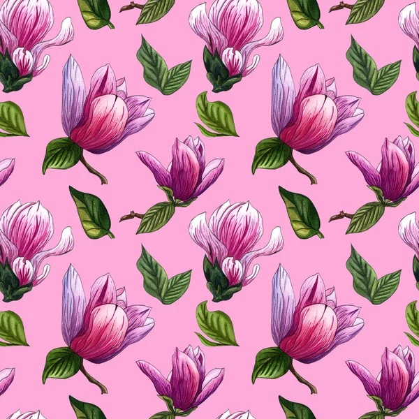 粉红色木兰花的水彩无缝图案. — 图库照片
