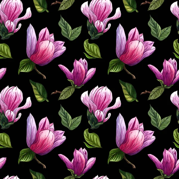 粉红色木兰花的水彩无缝图案. — 图库照片