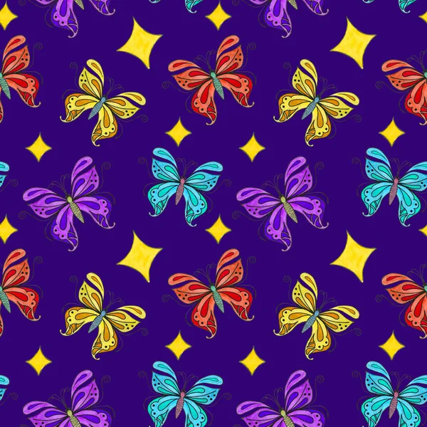 Akwarela bezszwowy wzór z motyli. — Zdjęcie stockowe