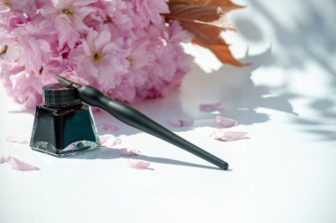 Beyaz arka planda eski mürekkepli kalem ve mürekkep şişesi. Vintage kaligrafi kalemi ve bir şişe mürekkep. Siyah mürekkepli kiraz çiçeği dalı