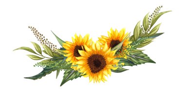 Ayçiçekleri, yapraklar, dallar, eğrelti otu yaprakları ile güzel çiçek koleksiyonu