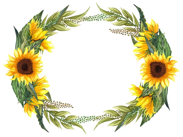 Aquarell-Blumenkranz mit Sonnenblumen, Blättern, Laub, Zweigen, Farnblättern und Platz für Ihren Text. — Stockfoto
