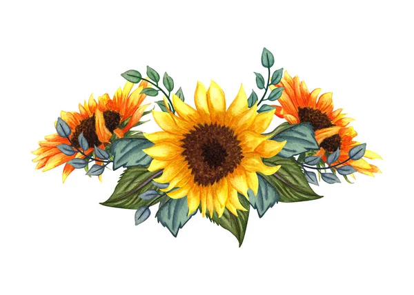 Beautiful floral collection with sunflowers,leaves,branches,fern leaves — Stock Photo, Image