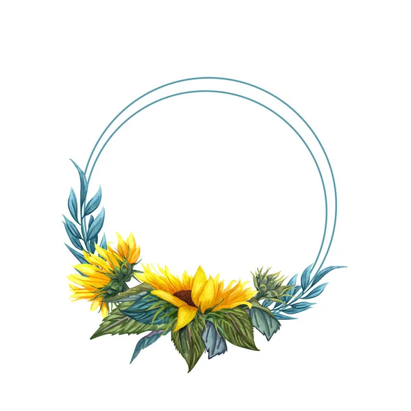 Watercolor floral wreath with sunflowers,leaves, foliage, branches, fern leaves and place for your text. — Stock Photo, Image