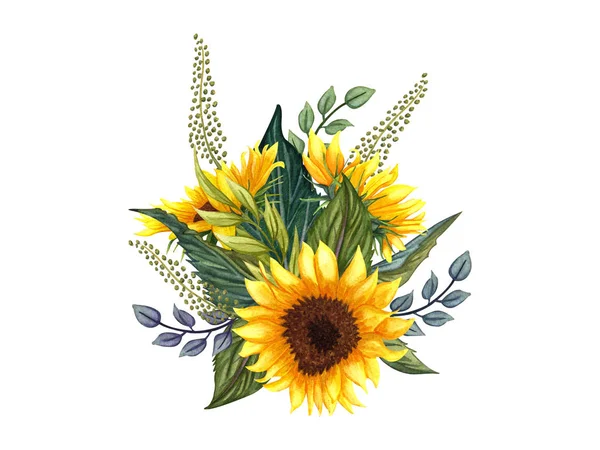 Beautiful floral collection with sunflowers,leaves,branches,fern leaves — Stock Photo, Image