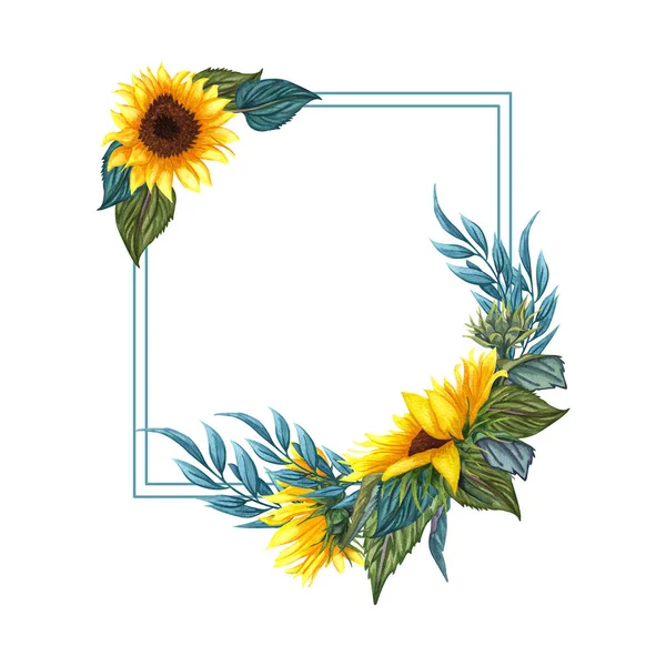Akvarell blommig krans med solrosor, löv, lövverk, grenar, ormbunksblad och plats för din text. — Stockfoto