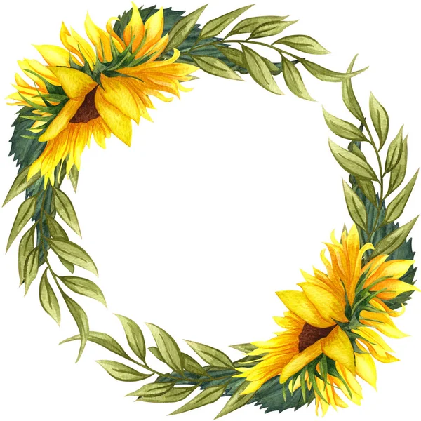 Акварельний квітковий вінок з соняшниками, листям, листям, гілками, листям папороті і місцем для тексту . — стокове фото