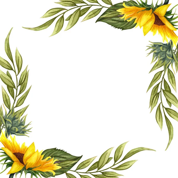 Akvarell blommig krans med solrosor, löv, lövverk, grenar, ormbunksblad och plats för din text. — Stockfoto