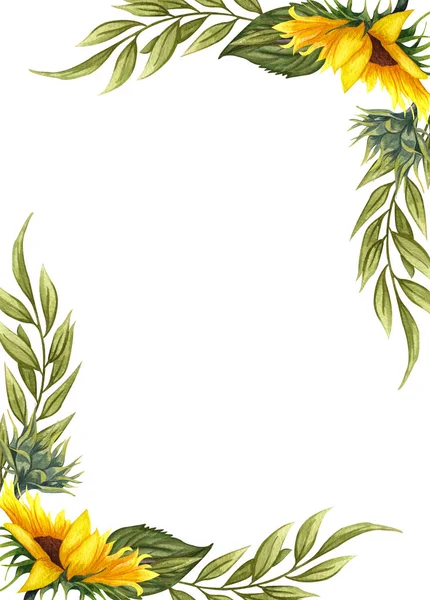 Watercolor floral wreath with sunflowers,leaves, foliage, branches, fern leaves and place for your text. — Stock Photo, Image