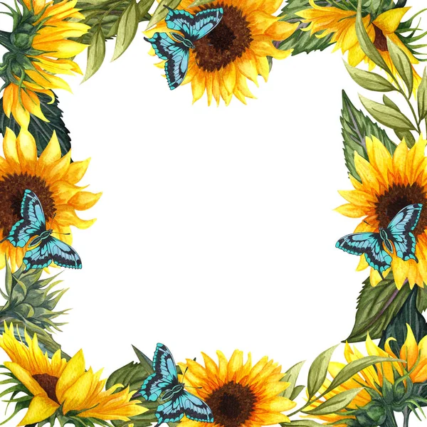 Grinalda floral aquarela com girassóis e borboletas, folhas, folhagem, ramos, folhas de samambaia e lugar para o seu texto . — Fotografia de Stock
