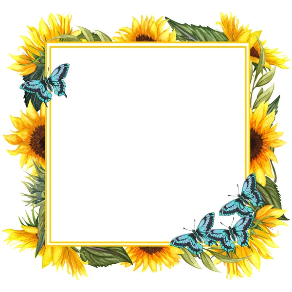 Corona floral de acuarela con girasoles y mariposas, hojas, follaje, ramas, hojas de helecho y lugar para su texto . — Foto de Stock