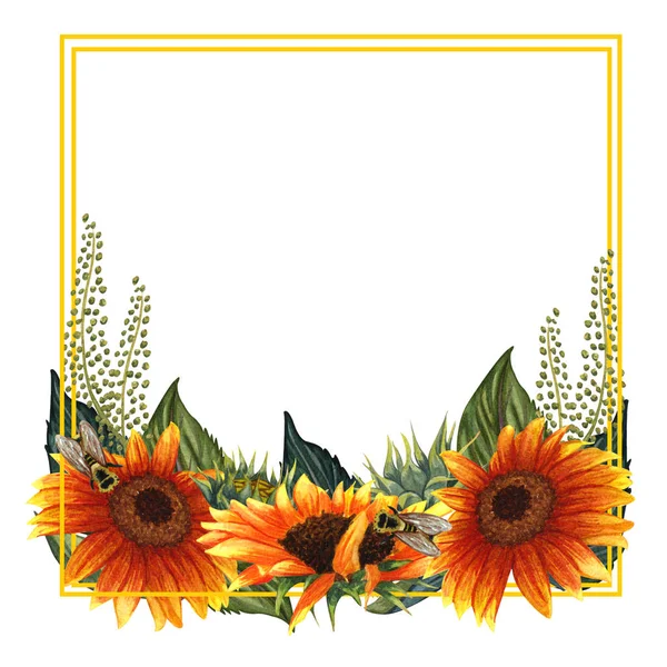 Aquarell-Blumenkranz mit Sonnenblumen, Blättern, Laub, Zweigen, Farnblättern und Platz für Ihren Text. — Stockfoto