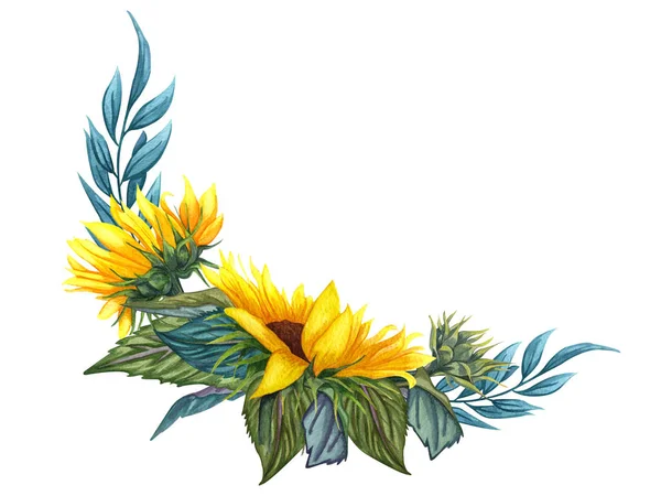 Schöne florale Kollektion mit Sonnenblumen, Blättern, Zweigen, Farnblättern — Stockfoto