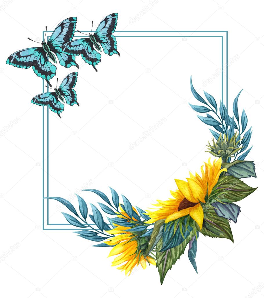 Watercolor floral wreath with sunflowers anf butterflies , leaves, foliage, branches, fern leaves and place for your text.