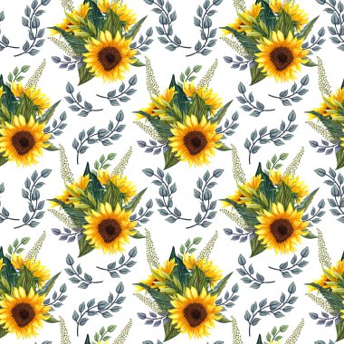 Beyaz arka planda ayçiçeği ile Dikişsiz desen. 