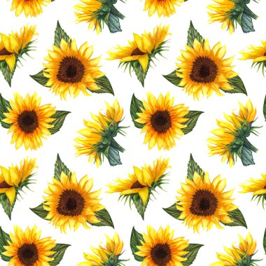 Beyaz arka planda ayçiçeği ile Dikişsiz desen. 