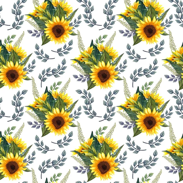 Beyaz arka planda ayçiçeği ile Dikişsiz desen. 