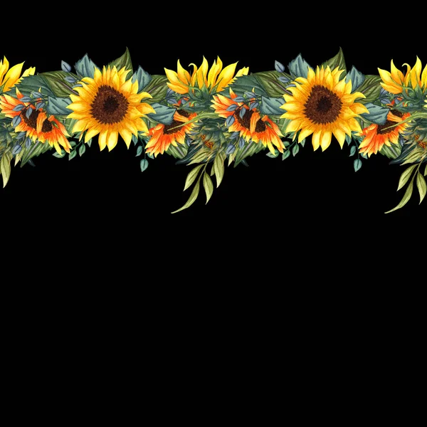 Bezszwowy wzór z słonecznymi kwiatami na czarnym tle. — Zdjęcie stockowe