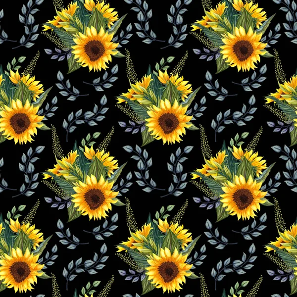 Siyah arka planda ayçiçeği ile Dikişsiz desen. 