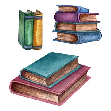 Suluboya eski kitaplarile ayarlayın. Eski okul kitaplarıorijinal el çizilmiş illüstrasyon . Okul tasarımı. Clipart öğeleri. 