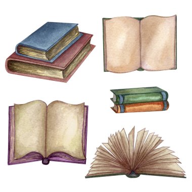 Suluboya eski kitaplarile ayarlayın. Eski okul kitaplarıorijinal el çizilmiş illüstrasyon . Okul tasarımı. Clipart öğeleri. 