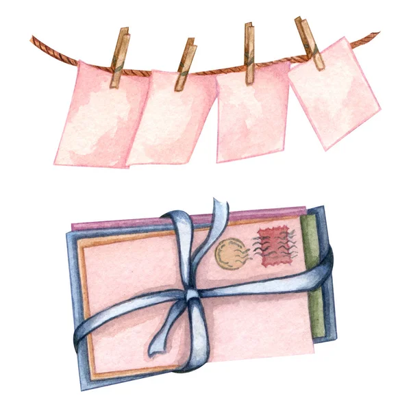 로프, 봉투 및 종이 시트에 분홍색 카그가 있는 수채화 세트. 리본 활이 있는 오래된 봉투 더미. — 스톡 사진