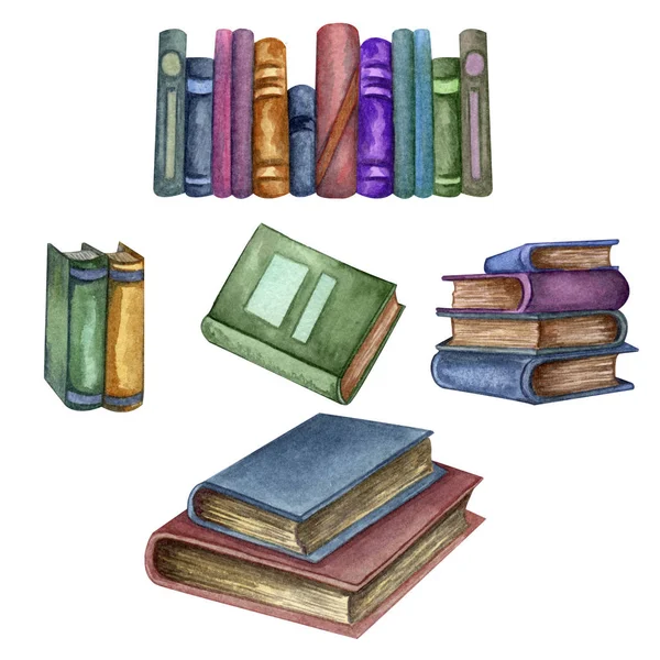 Aquarel set met oude boeken. Originele hand getekende illustratie van oude schoolboeken. School ontwerp. Clipart-elementen. — Stockfoto