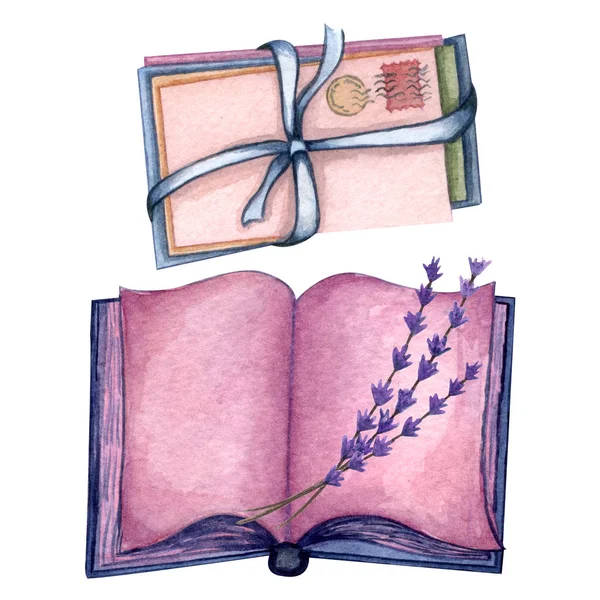 Suluboya eski kitaplar, zarf ve kağıt levhalar ile ayarlayın. Kurdele yayı ile eski zarf yığını — Stok fotoğraf