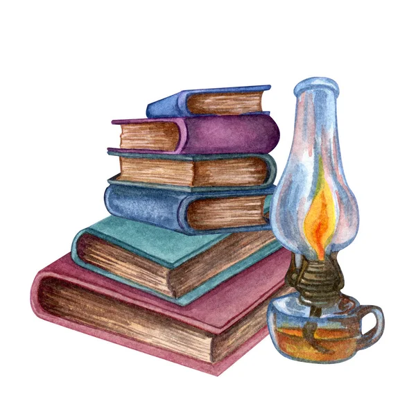 Aquarel illustratie van oude boeken. Originele hand getekende oude gesloten boeken en vintage lamp isilated op wit. Clipart-elementen. — Stockfoto