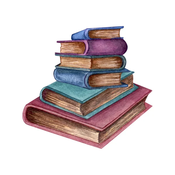 Akvarell illusztráció a régi könyveket. Eredeti kézzel rajzolt régi zárt tankönyvek. Iskolai tervezés. ClipArt-elemek. — Stock Fotó